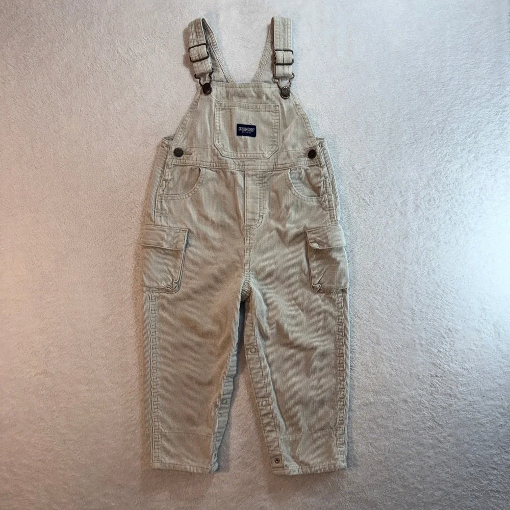 OshKosh Bgosh Toddler Boys Beige Corduroy Cargo Overalls Size 2T Dungarees